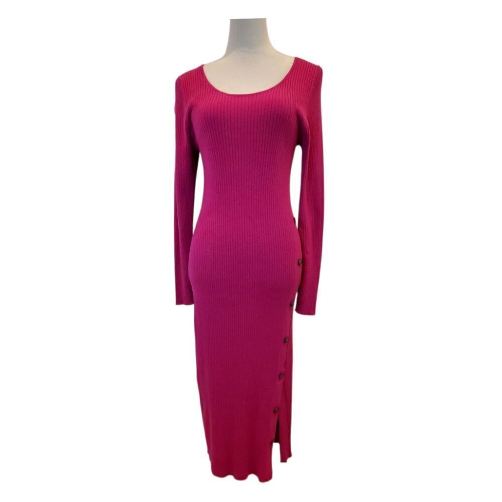 OLIVE + OAK Ribbed Sweater Dress Stretch Knit Pink Scoop-neck  Slit & Buttons XL